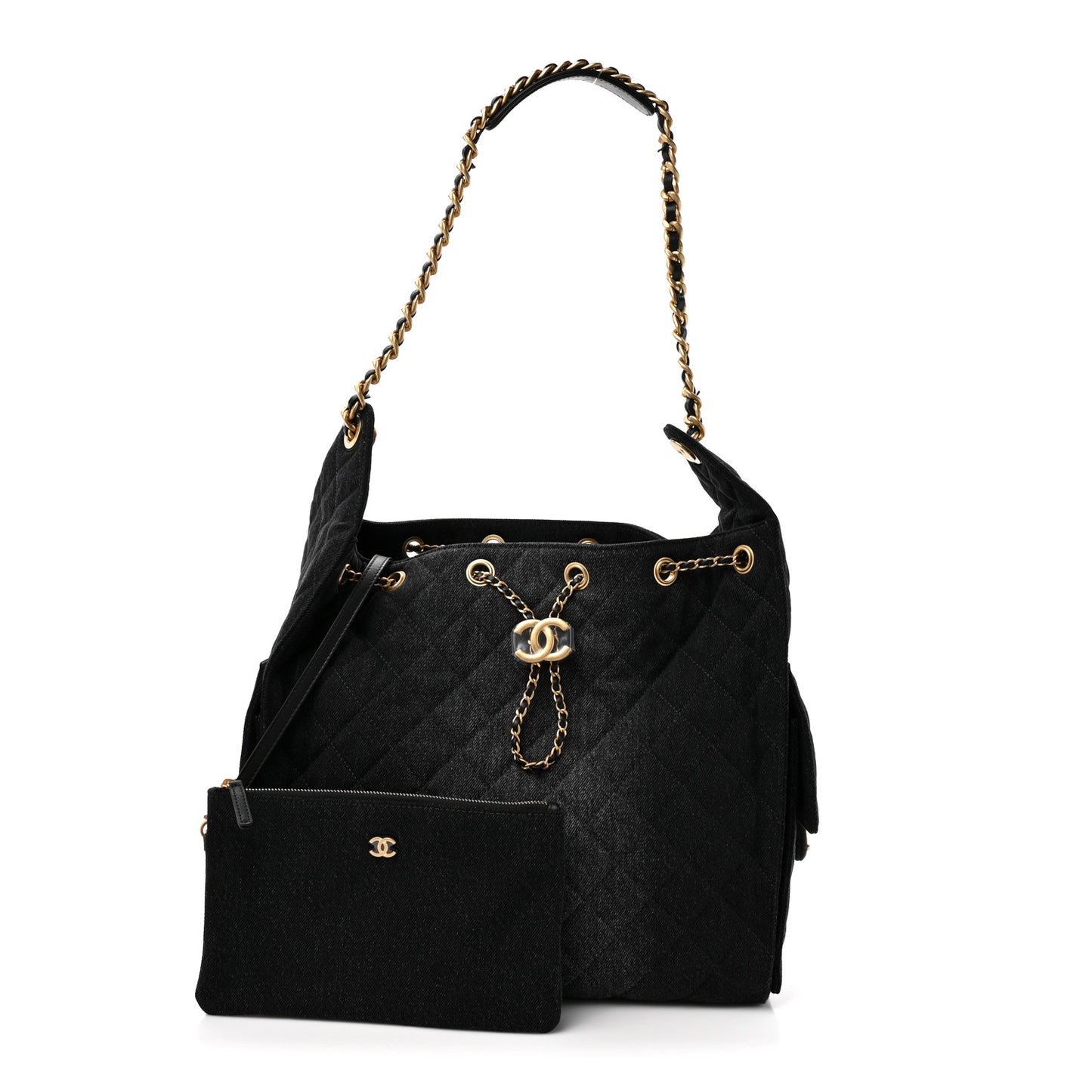 Washed Denim Quilted Medium Chanel 25 Handbag Black