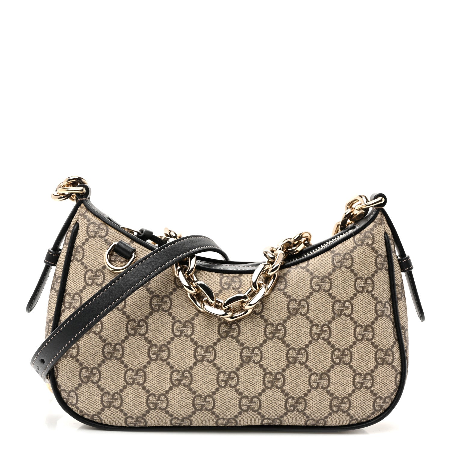 Gucci GG Supreme Monogram Textured Calfskin Small Emblem Shoulder Bag Beige Black 1 of 9