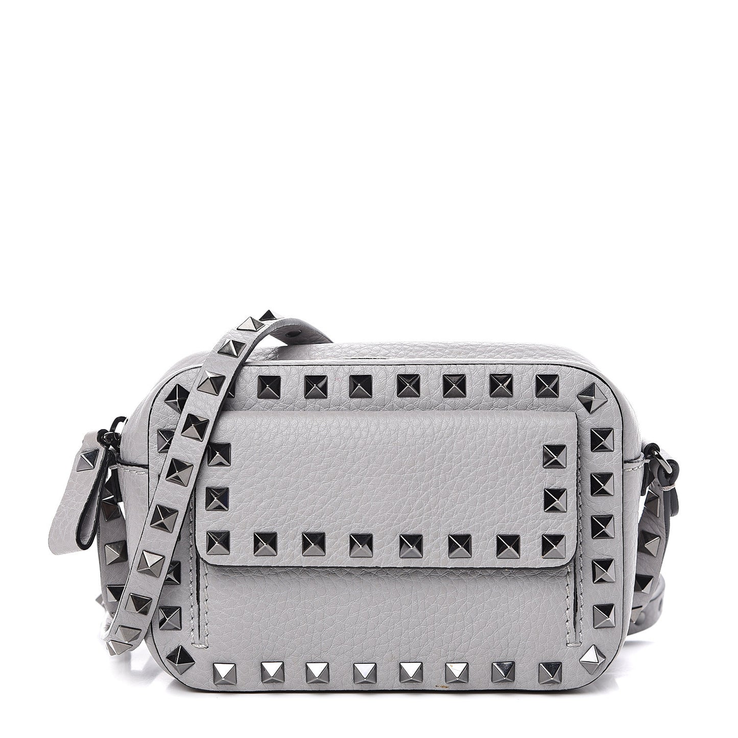 Grained Calfskin Small Rockstud Flap Pocket Camera Crossbody Bag Pastel Grey