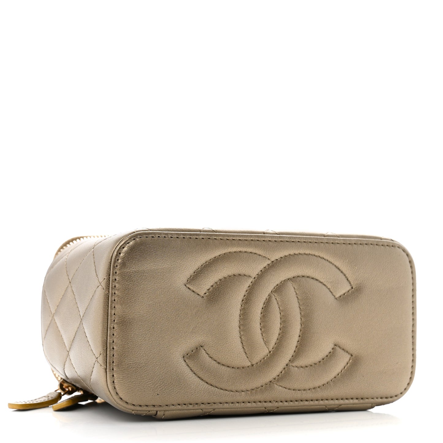 Metallic Lambskin Quilted Small CC Vanity Case With Chain Gold Gold