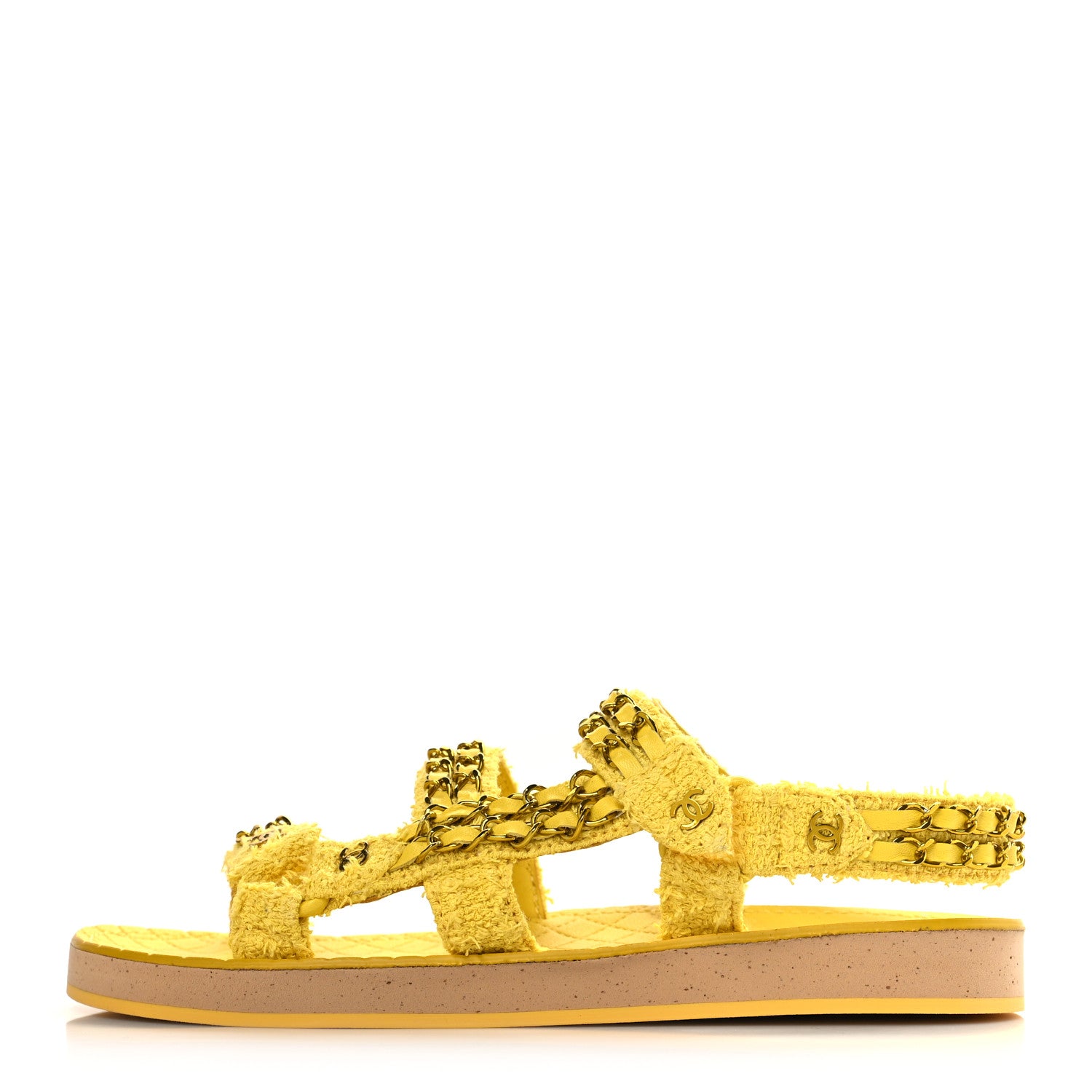 Chanel Tweed Chain Sandals 37.5 Yellow 1 of 9