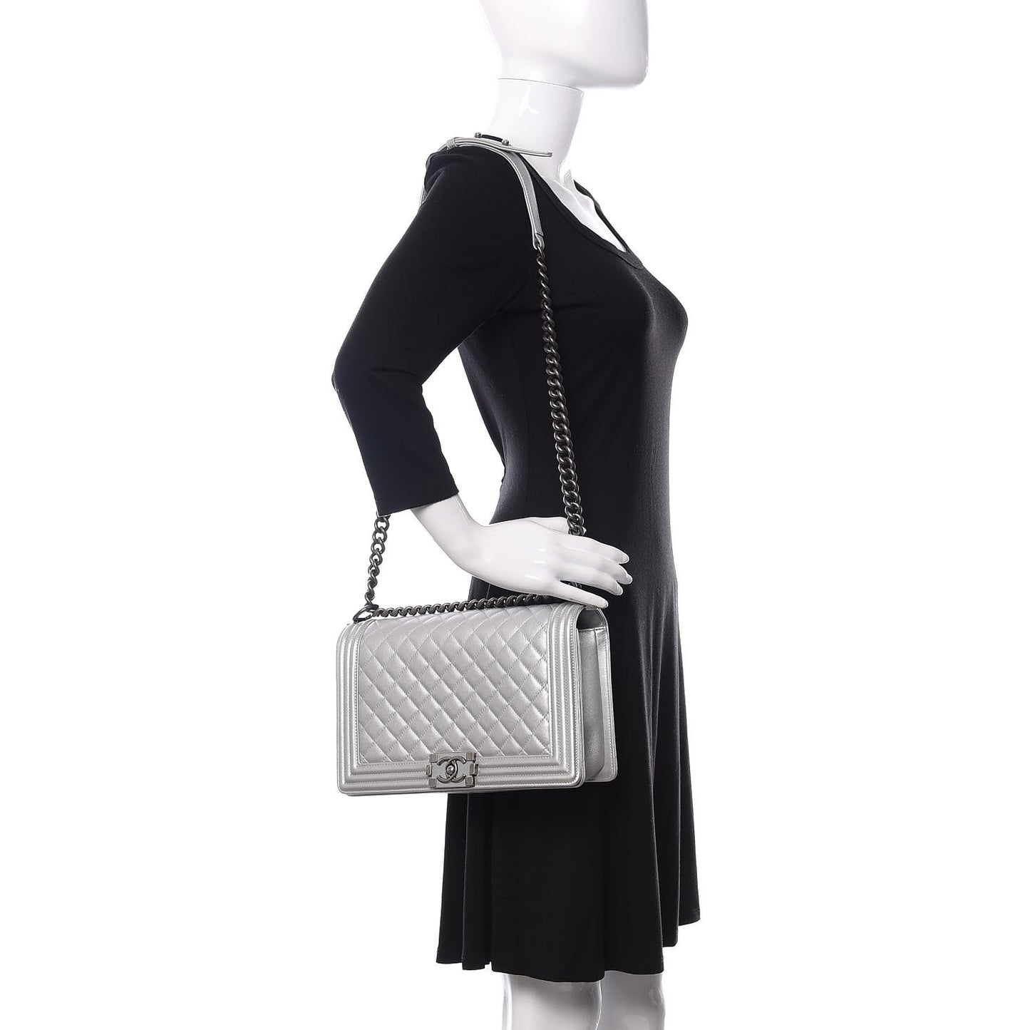 Metallic Calfskin Quilted New Medium Plexiglass Boy Flap Silver