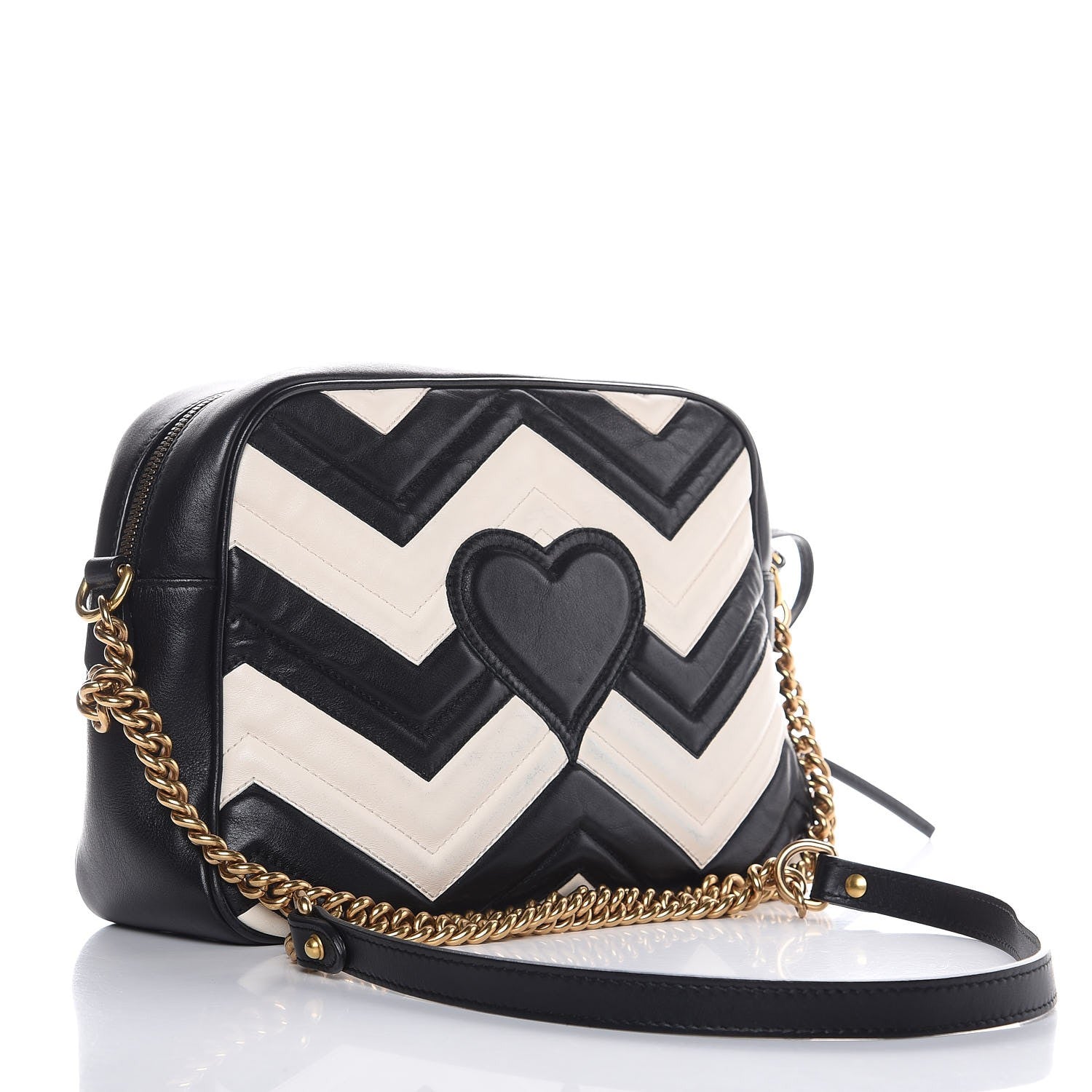 Gucci Calfskin Matelasse Medium GG Marmont Chain Shoulder Bag Black White 3 of 9