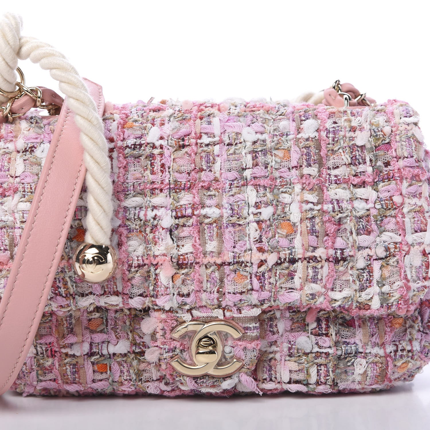 Chanel Tweed Mini Pearl Handle Flap Pink Beige Orange Ecru 9 of 10
