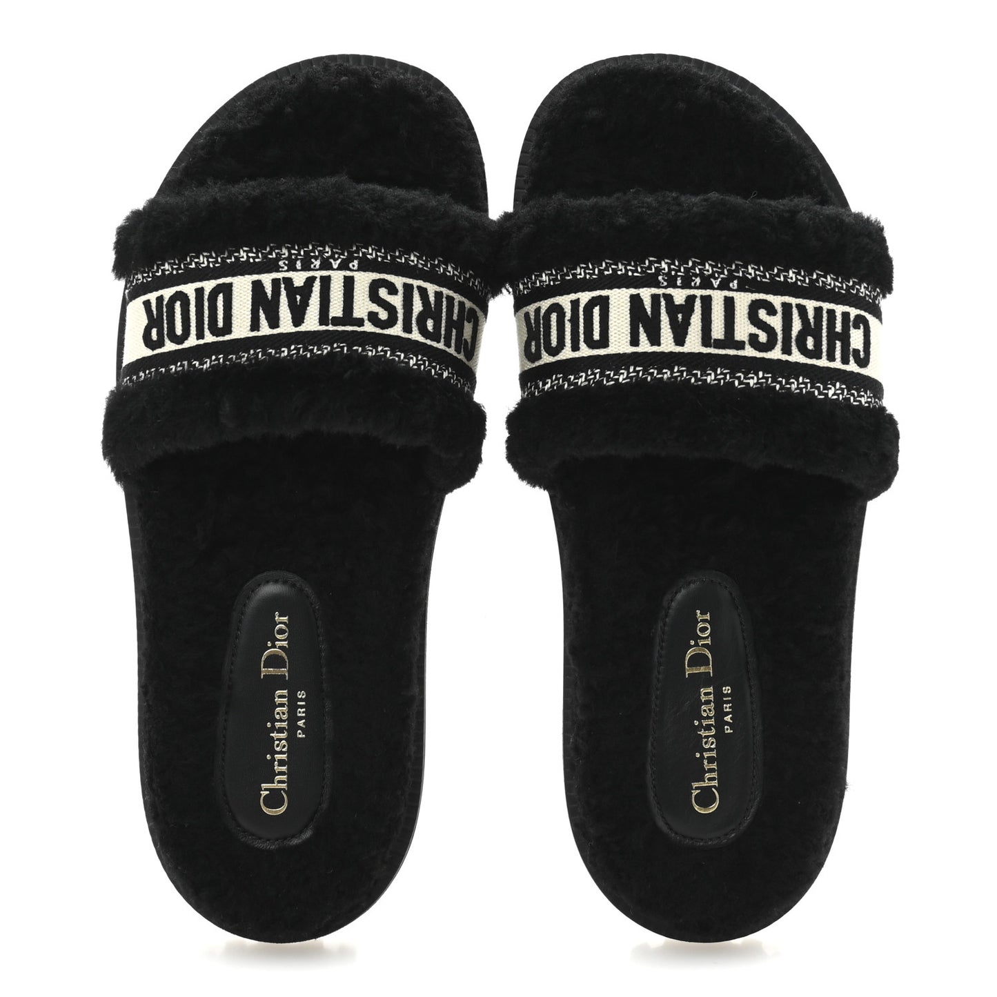 Shearling Canvas Lurex Embroidered Dway 10mm Slide Sandals 40 Black Natural