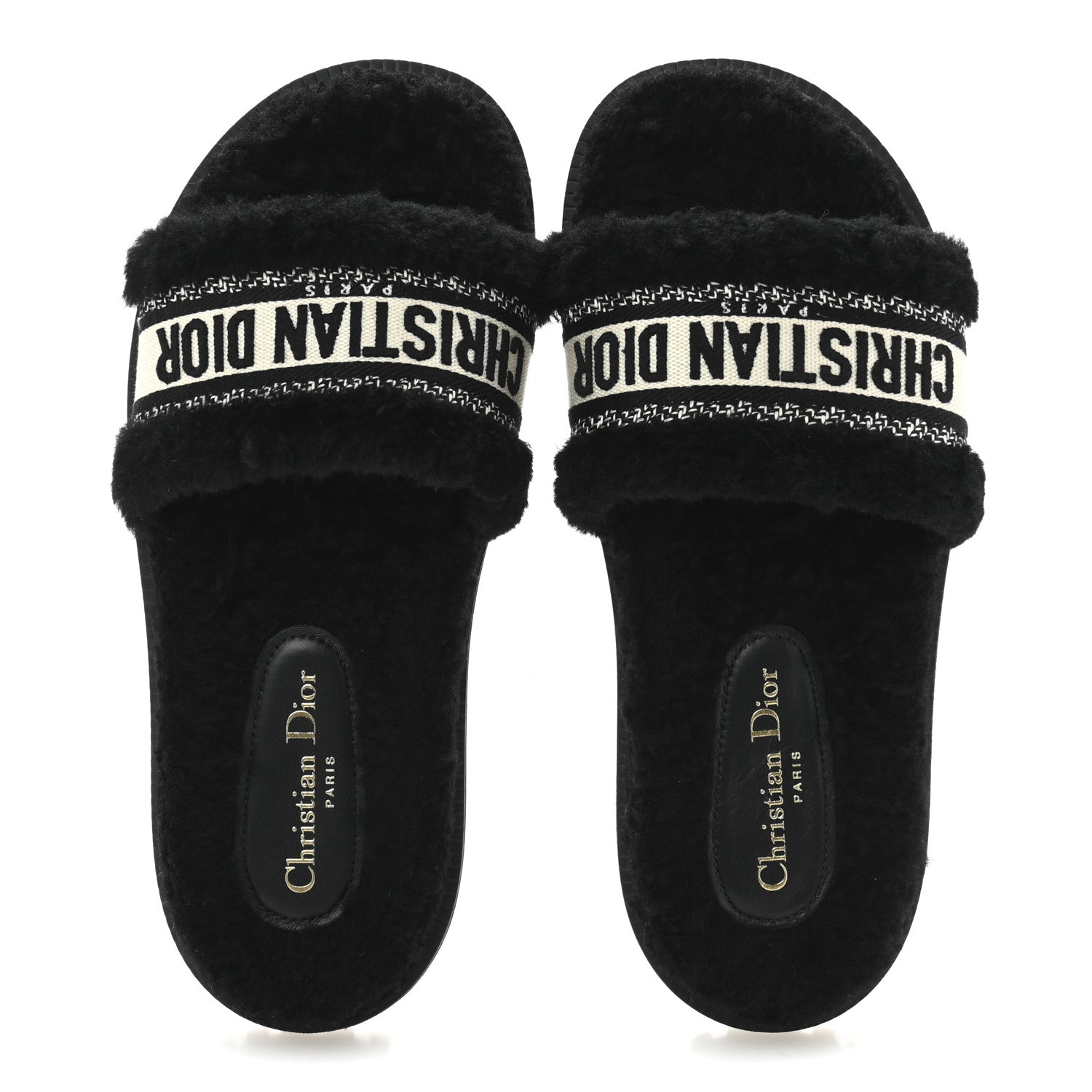 Christian Dior Shearling Canvas Lurex Embroidered Dway 10mm Slide Sandals 40 Black Natural 2 of 9
