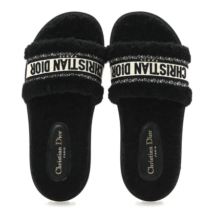 Christian Dior Shearling Canvas Lurex Embroidered Dway 10mm Slide Sandals 40 Black Natural 2 of 9