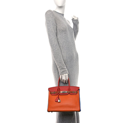 Hermes Taurillon Clemence Arlequin Birkin 30 Orange Sanguine Gold Bleu Lin Bleu Hydra Etain 2 of 17