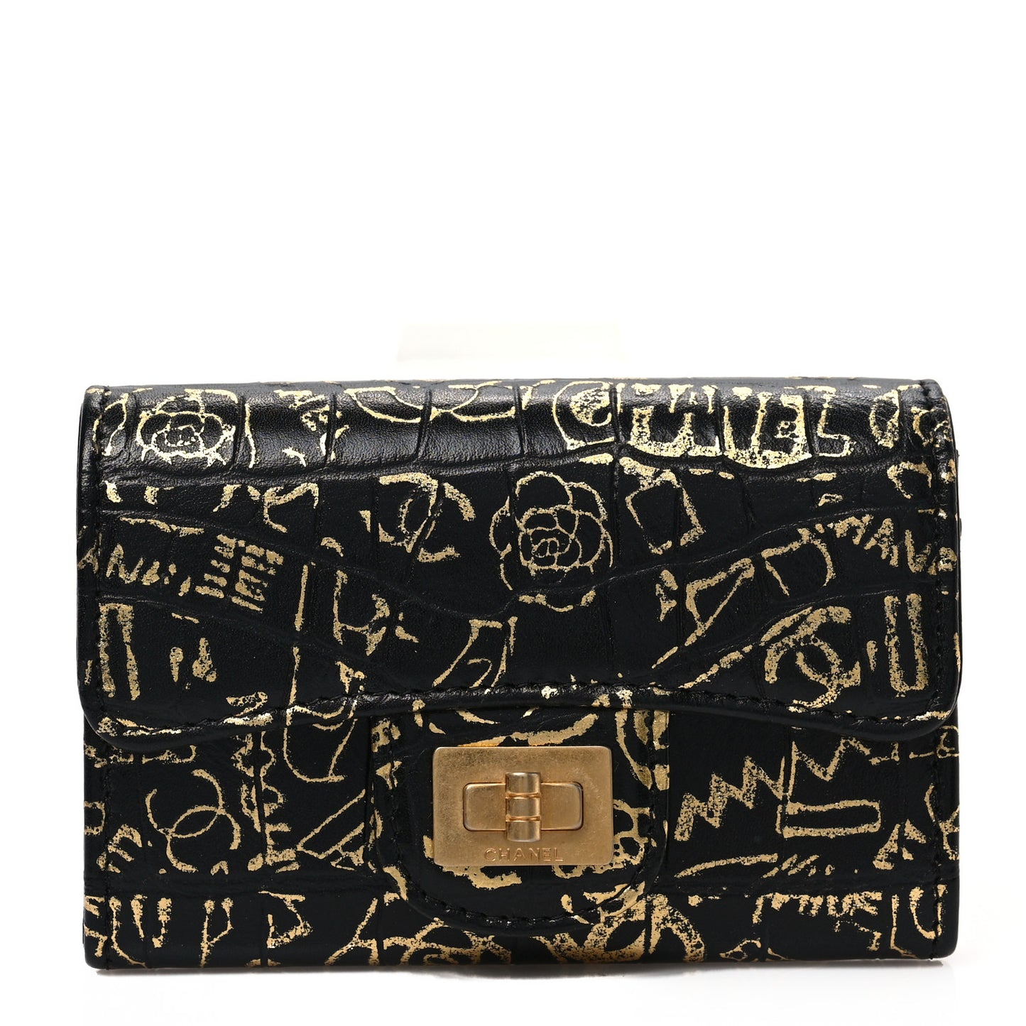 Calfskin Crocodile Embossed Graffiti Reissue Card Holder Wallet Black Gold