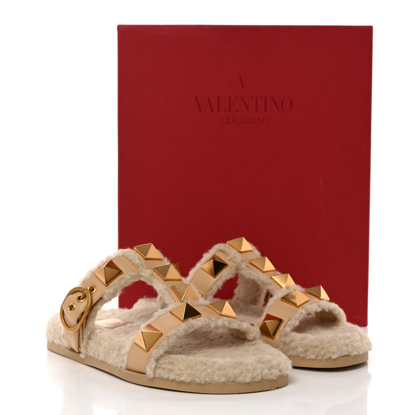 Shearling Roman Stud Slide Sandals 36 Sahara Beige