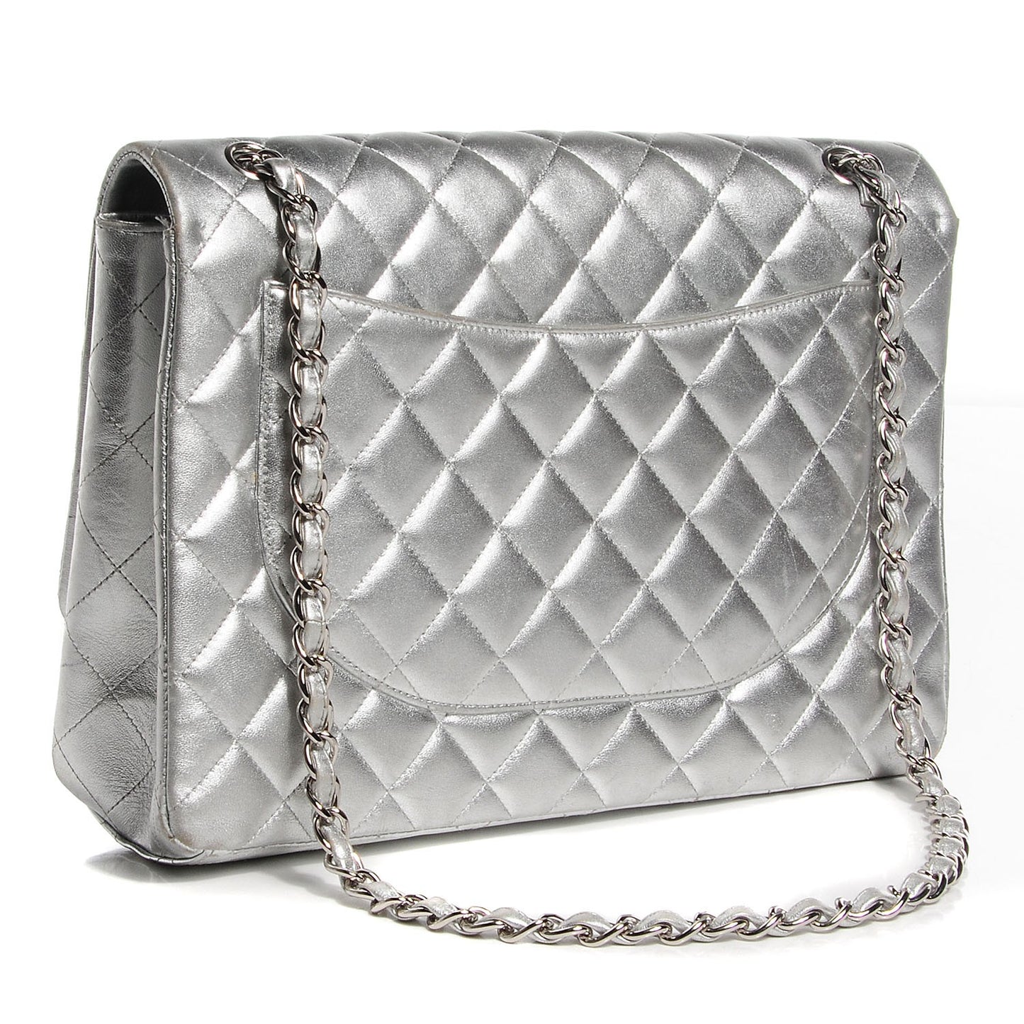 Metallic Lambskin Quilted Maxi Single Flap Silver