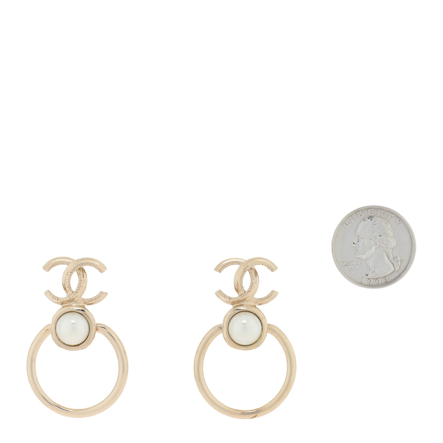 Metal Pearl CC Hoop Drop Earrings Gold