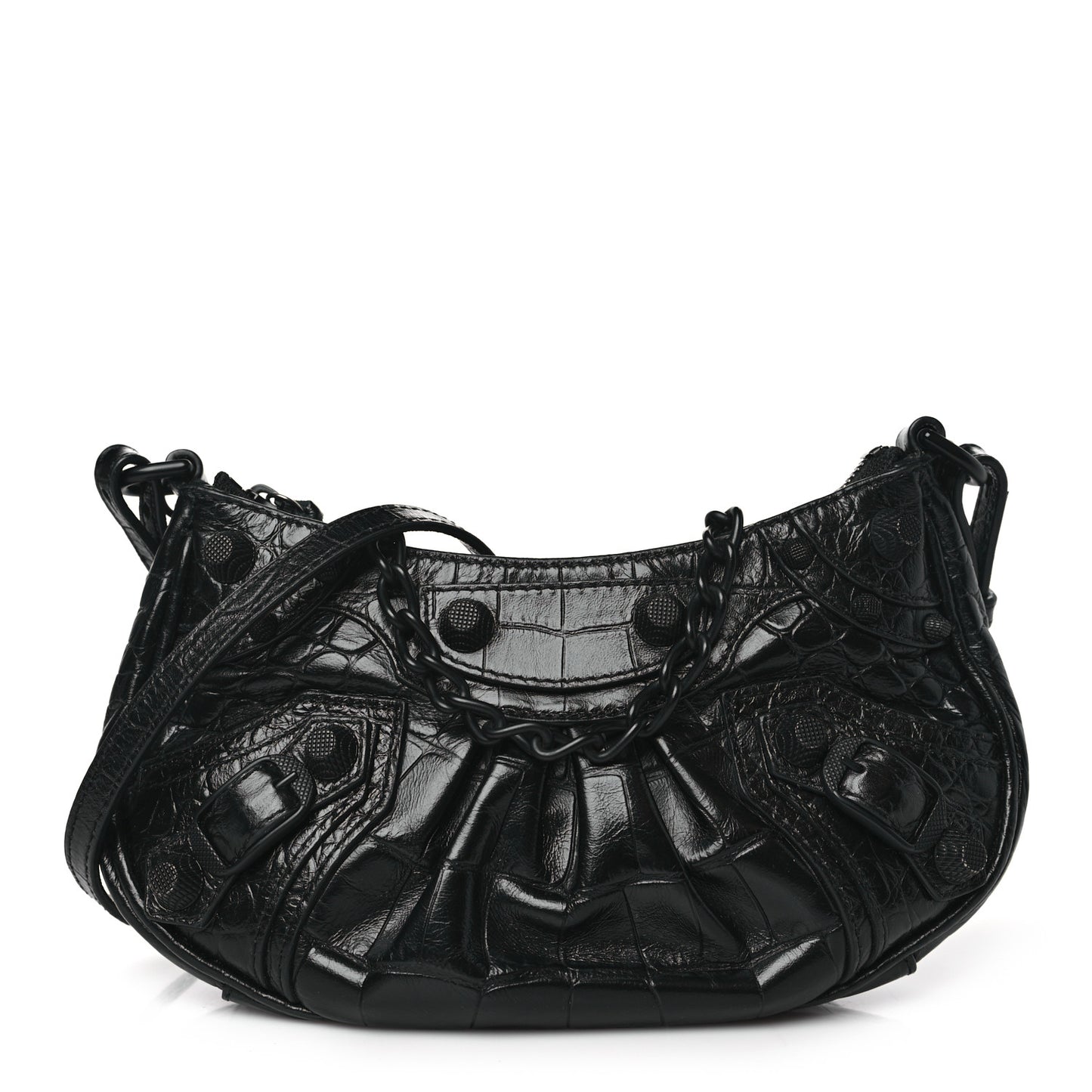 Extra Supple Calfskin Crystal Crocodile Embossed Le Cagole Mini Purse With Chain Black