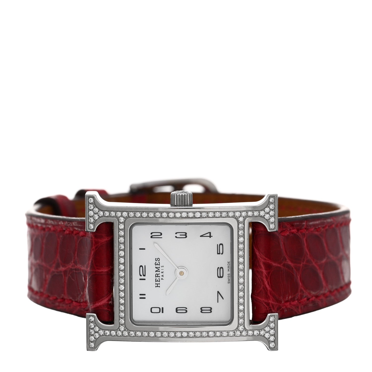 Hermes Stainless Steel Alligator Diamond Bezel Mother of Pearl 21mm Heure H Hour Quartz Watch Braise 2 of 4