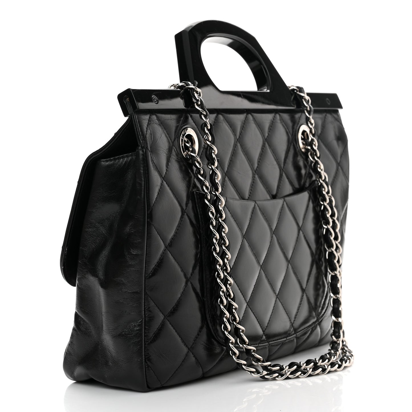 Glazed Calfskin Quilted Small CC Delivery Tote Black