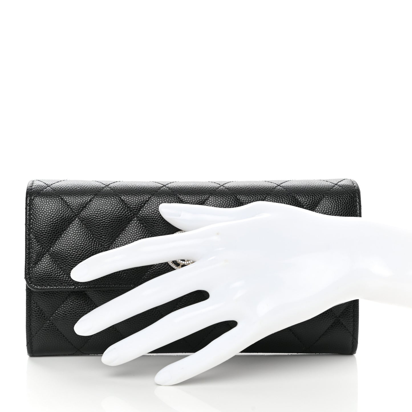 Caviar Quilted Crystal CC Large Gusset Flap Wallet Black