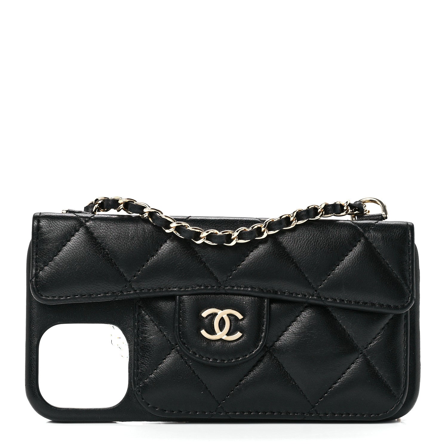 Chanel Lambskin Quilted Pearl Crush iPhone XII Pro Holder With Chain Black 1 of 11