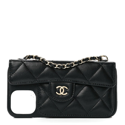 Chanel Lambskin Quilted Pearl Crush iPhone XII Pro Holder With Chain Black 1 of 11