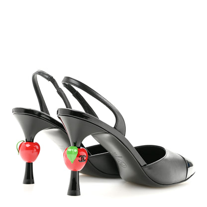 Chanel Lambskin Patent Calfskin Cap Toe CC Apple Slingback Pumps 38.5 Black 5 of 10