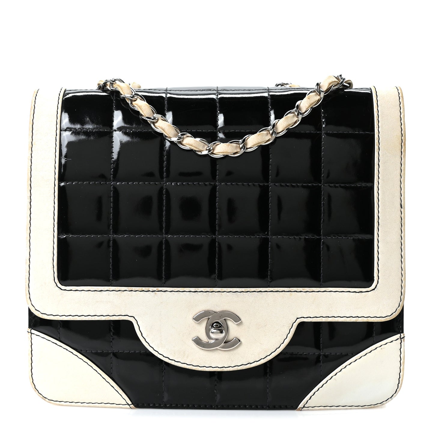 Lambskin Patent Chocolate Bar Flap Black White