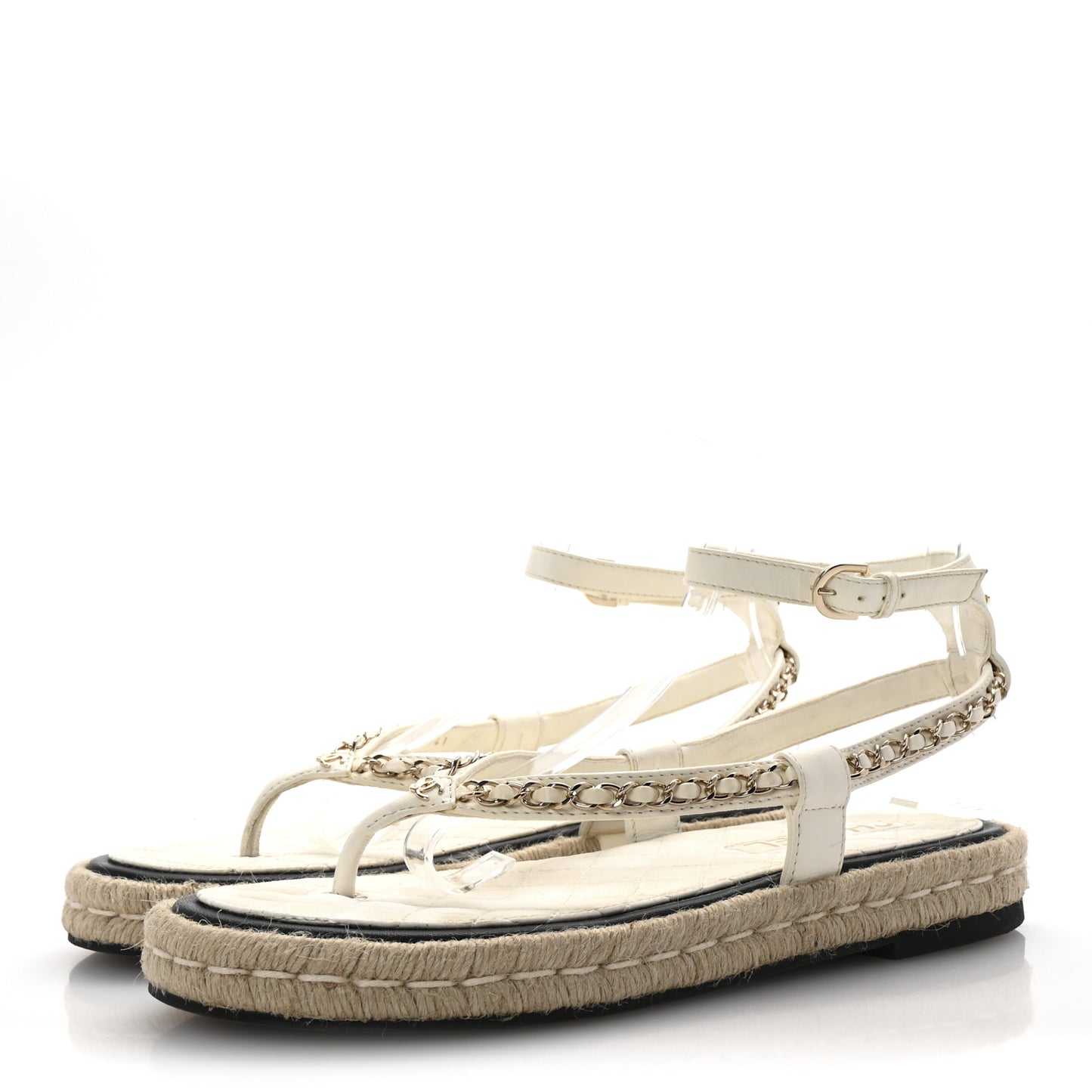 Lambskin Chain CC Thong Espadrille Sandals 41 White