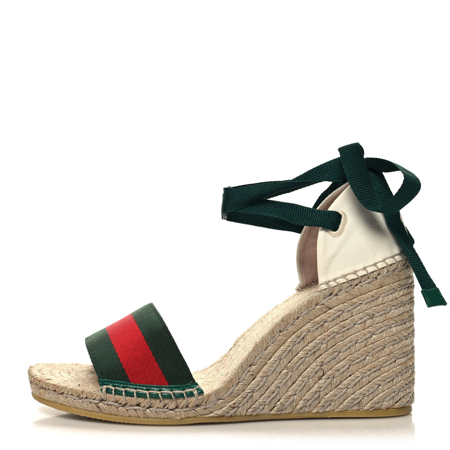 Gucci Canvas Malaga Kid Web Ankle Wrap Espadrille Wedge Sandals Mystic 42 Green Red Mystic White Emerald 1 of 10