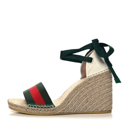 Gucci Canvas Malaga Kid Web Ankle Wrap Espadrille Wedge Sandals Mystic 42 Green Red Mystic White Emerald 1 of 10