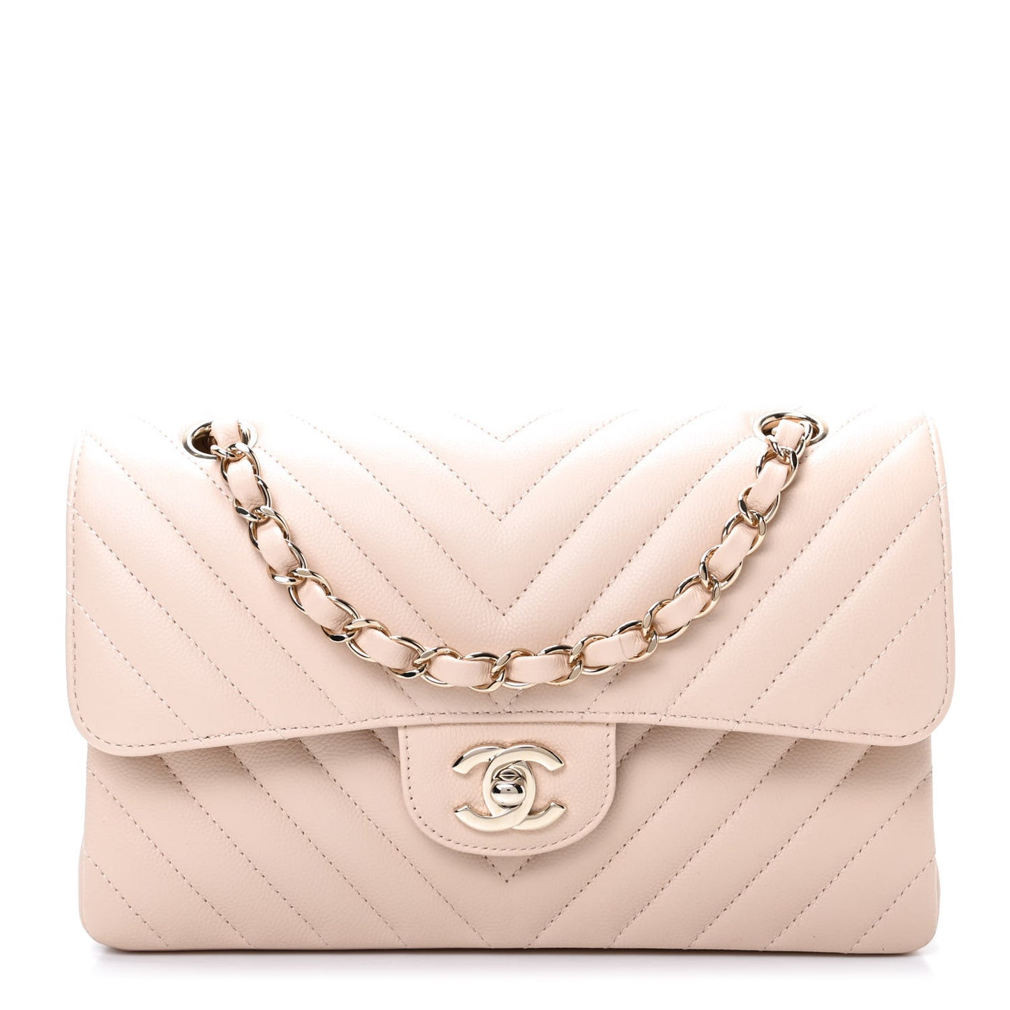 Caviar Chevron Quilted Small Double Flap Beige