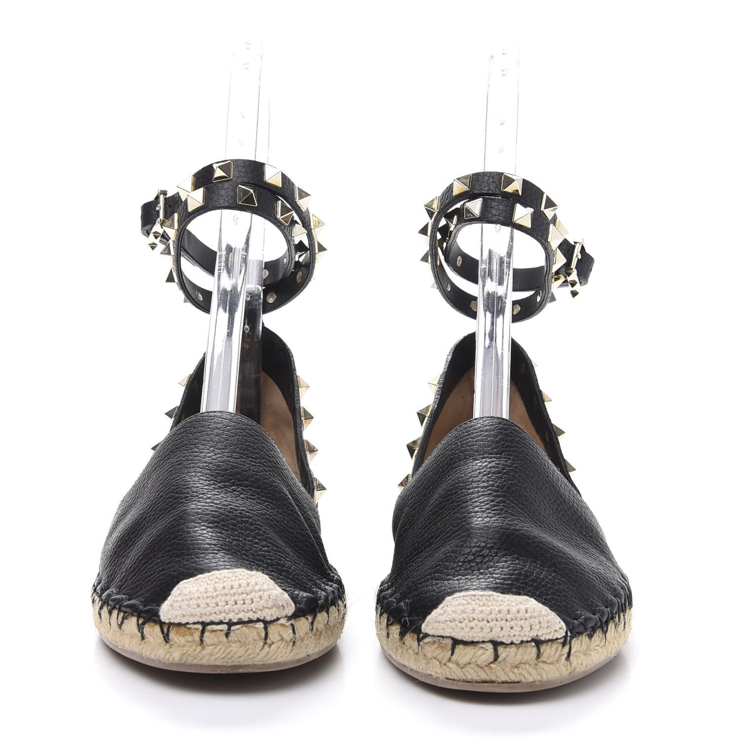 Grained Calfskin Rockstud Ankle Wrap Espadrille 20mm Flats 37 Black Natural