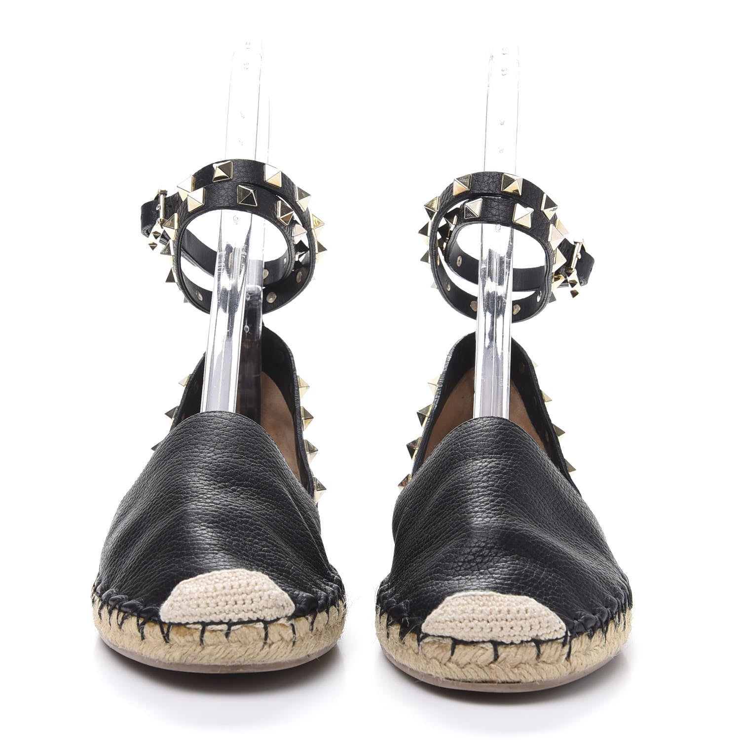 Valentino Garavani Grained Calfskin Rockstud Ankle Wrap Espadrille 20mm Flats 37 Black Natural 2 of 7