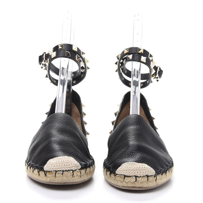 Valentino Garavani Grained Calfskin Rockstud Ankle Wrap Espadrille 20mm Flats 37 Black Natural 2 of 7