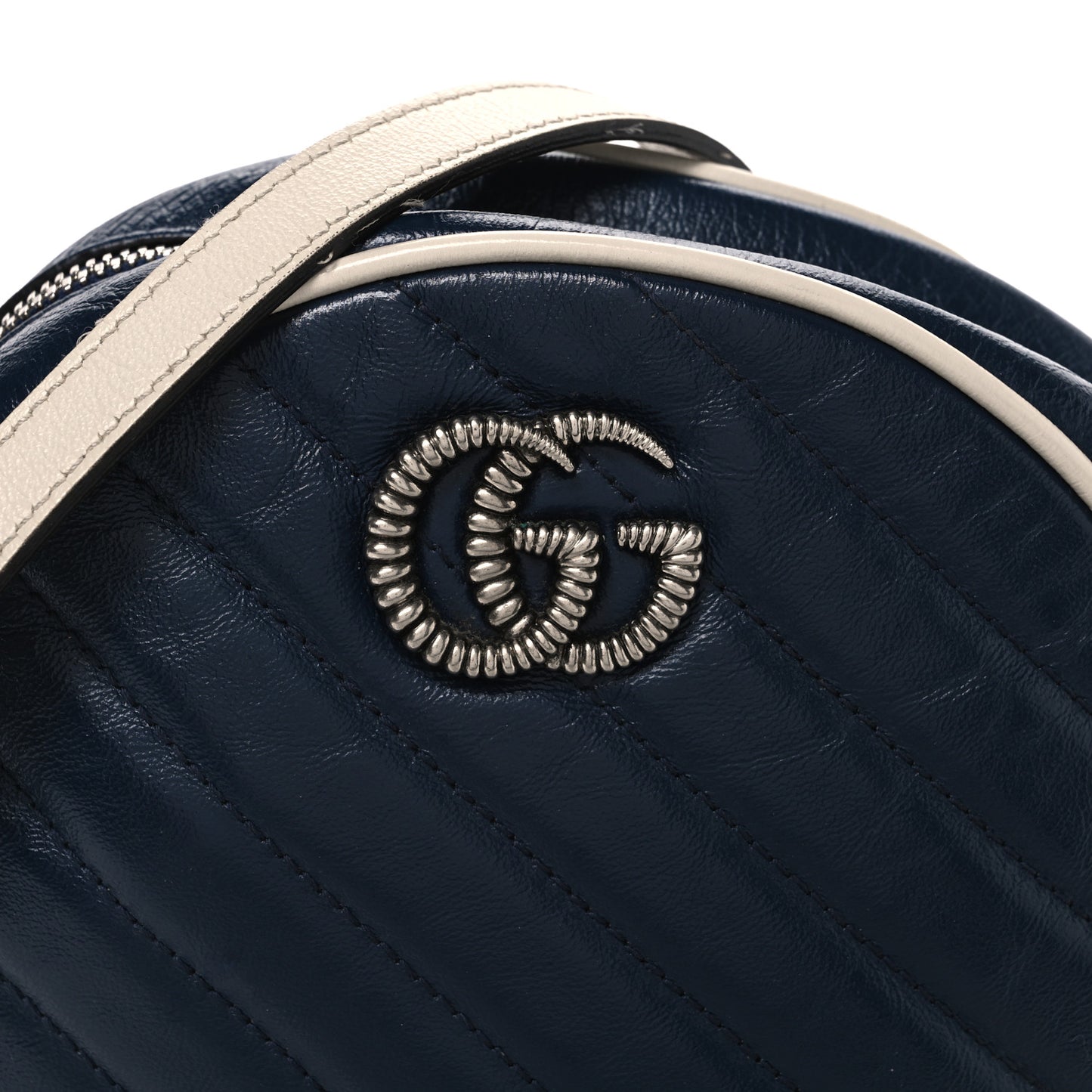Azalea Calfskin Matelasse Diagonal Mini Torchon GG Marmont Round Shoulder Bag Blue Agata Mystic White