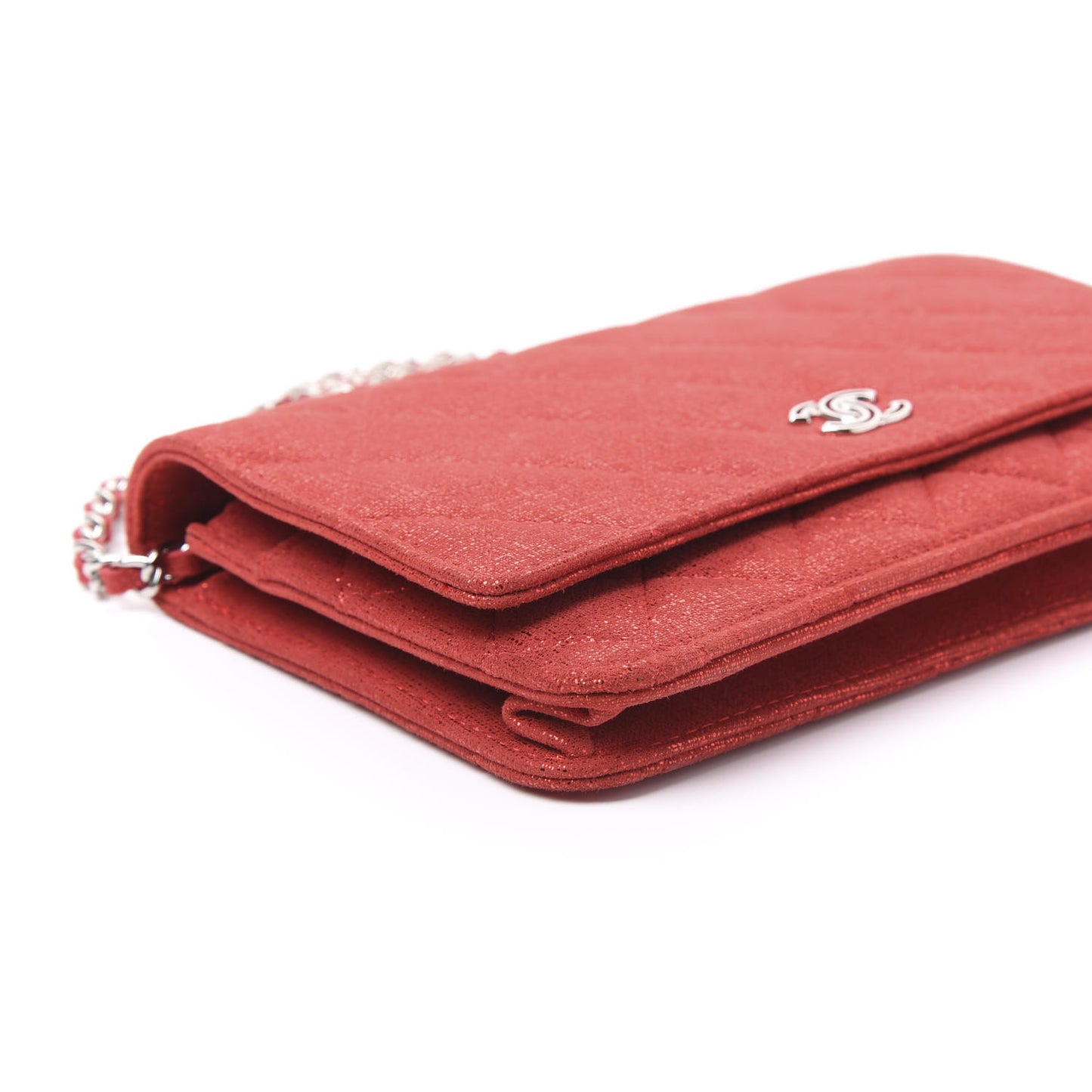 Metallic Iridescent Calfskin Wallet On Chain WOC Red