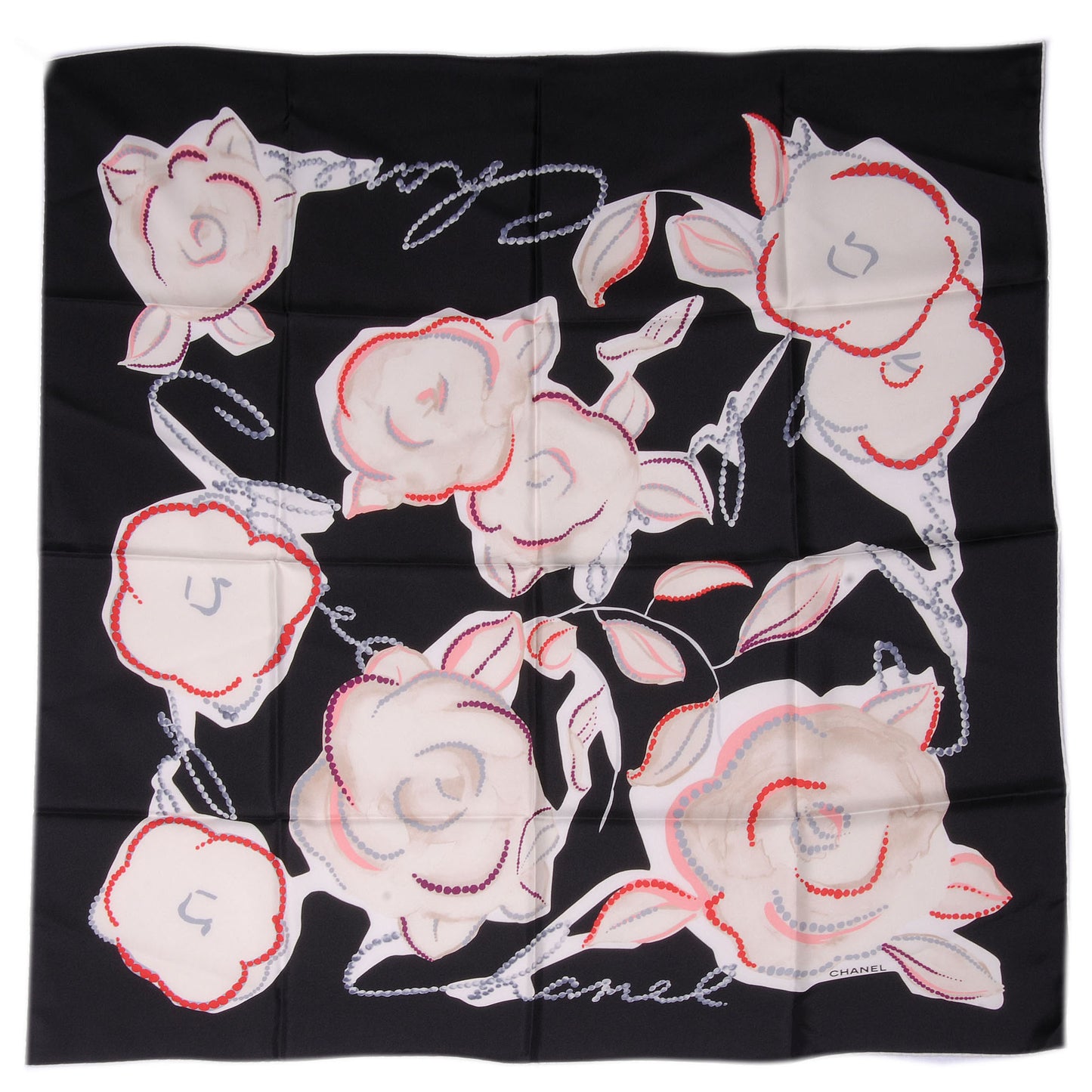 Silk Pearl Camellia CC Square Scarf Black