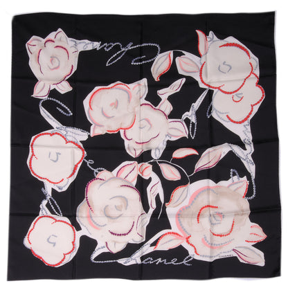 Chanel Silk Pearl Camellia CC Square Scarf Black 3 of 5