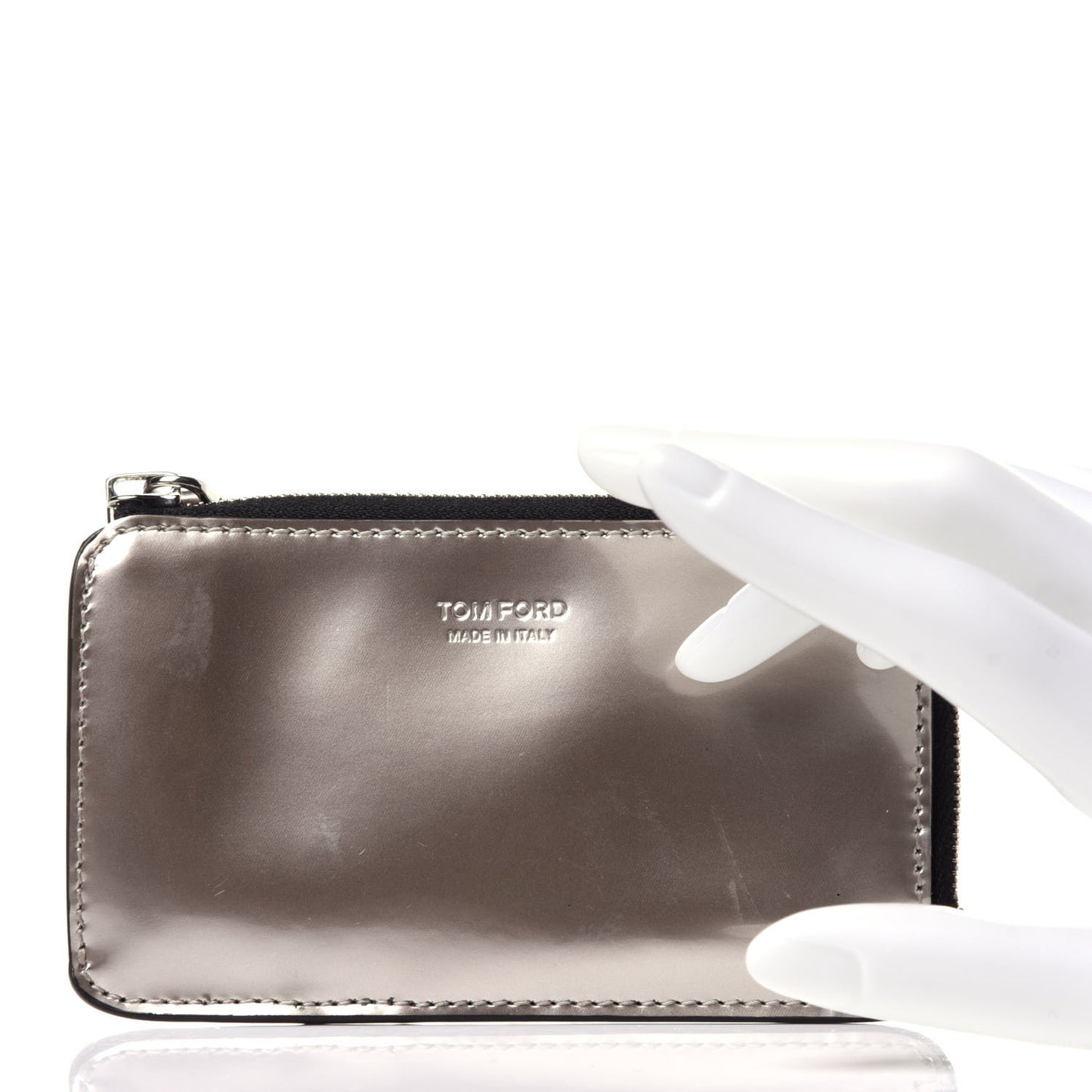 Metallic Calfskin Zip Card Holder Wallet Silver