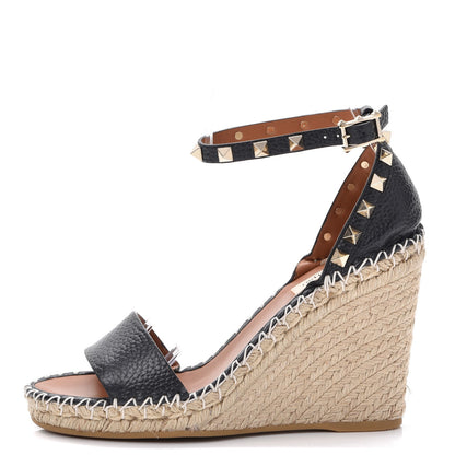 Valentino Garavani Grained Calfskin Rockstud Ankle Strap Espadrille 15/105mm Wedge Sandals 37 Black Light Cuir Natural 1 of 9