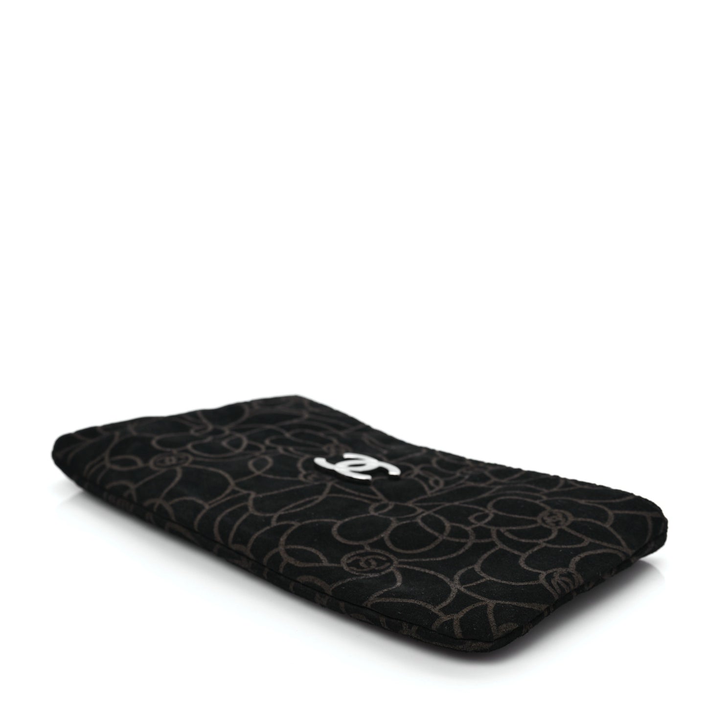 Suede Camellia Embossed Clutch Bag Black