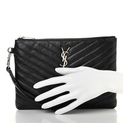 Saint Laurent Calfskin Matelasse Chevron Monogram A5 Wristlet Black 3 of 14
