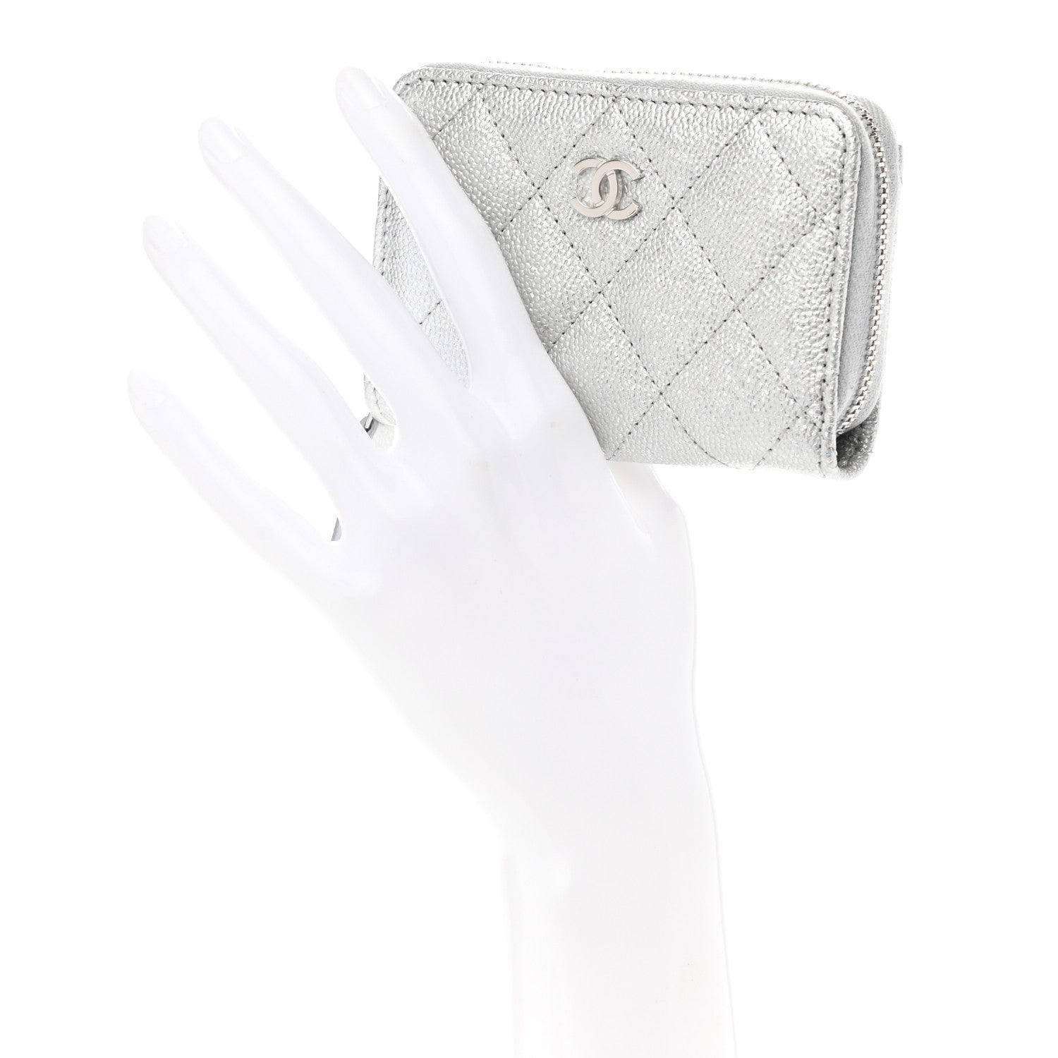 Chanel Glittered Metallic Caviar Quilted Zip Coin Purse Wallet Silver 2 of 7
