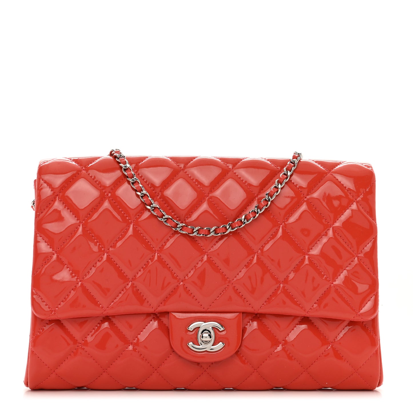 Patent Quilted Clutch with Chain Flap Orange