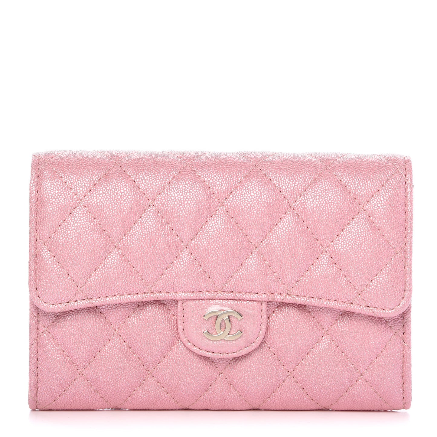 Iridescent Caviar Quilted Medium Flap Wallet Rose Pink