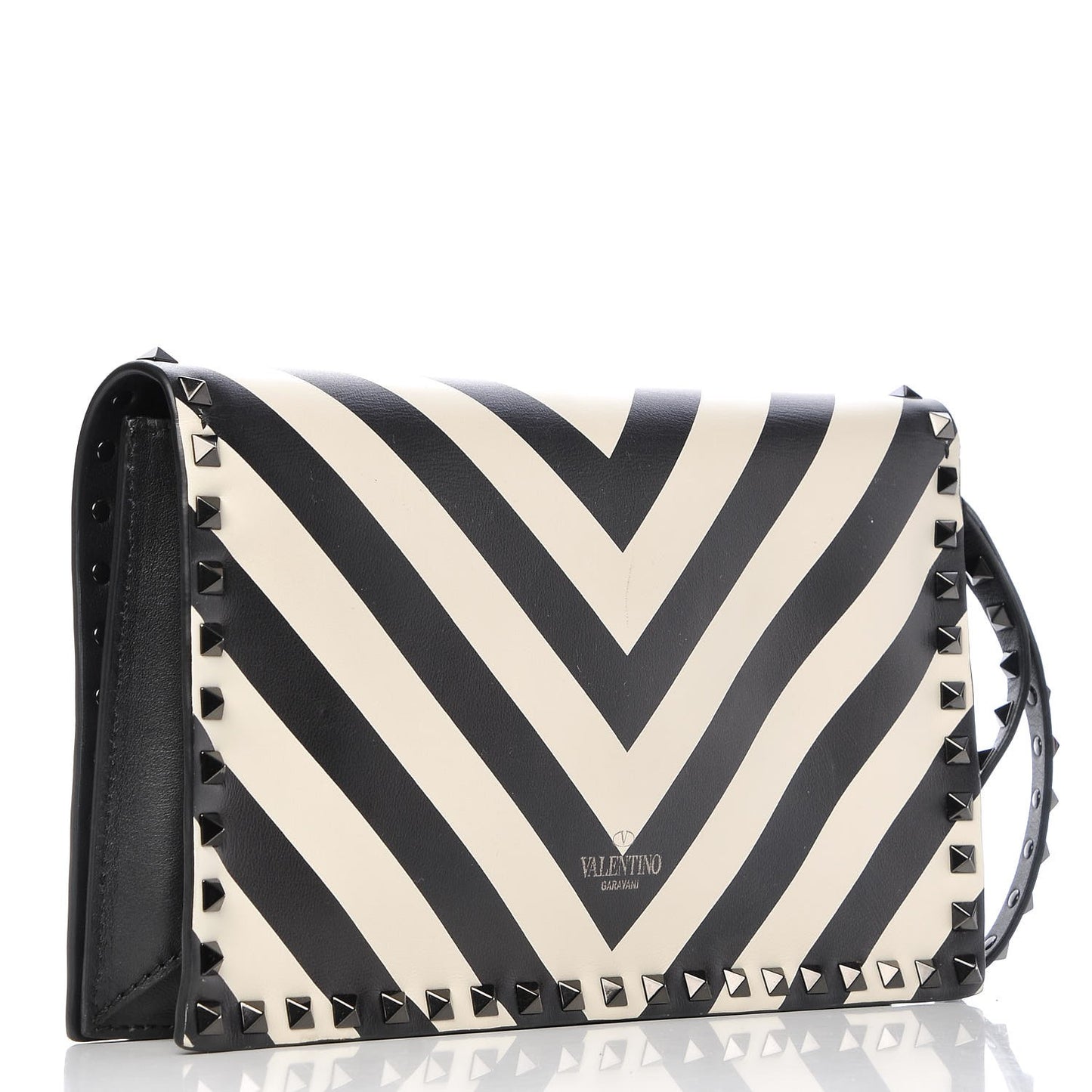 Nappa Chevron Striped Rockstud Wristlet Clutch Light Ivory Black