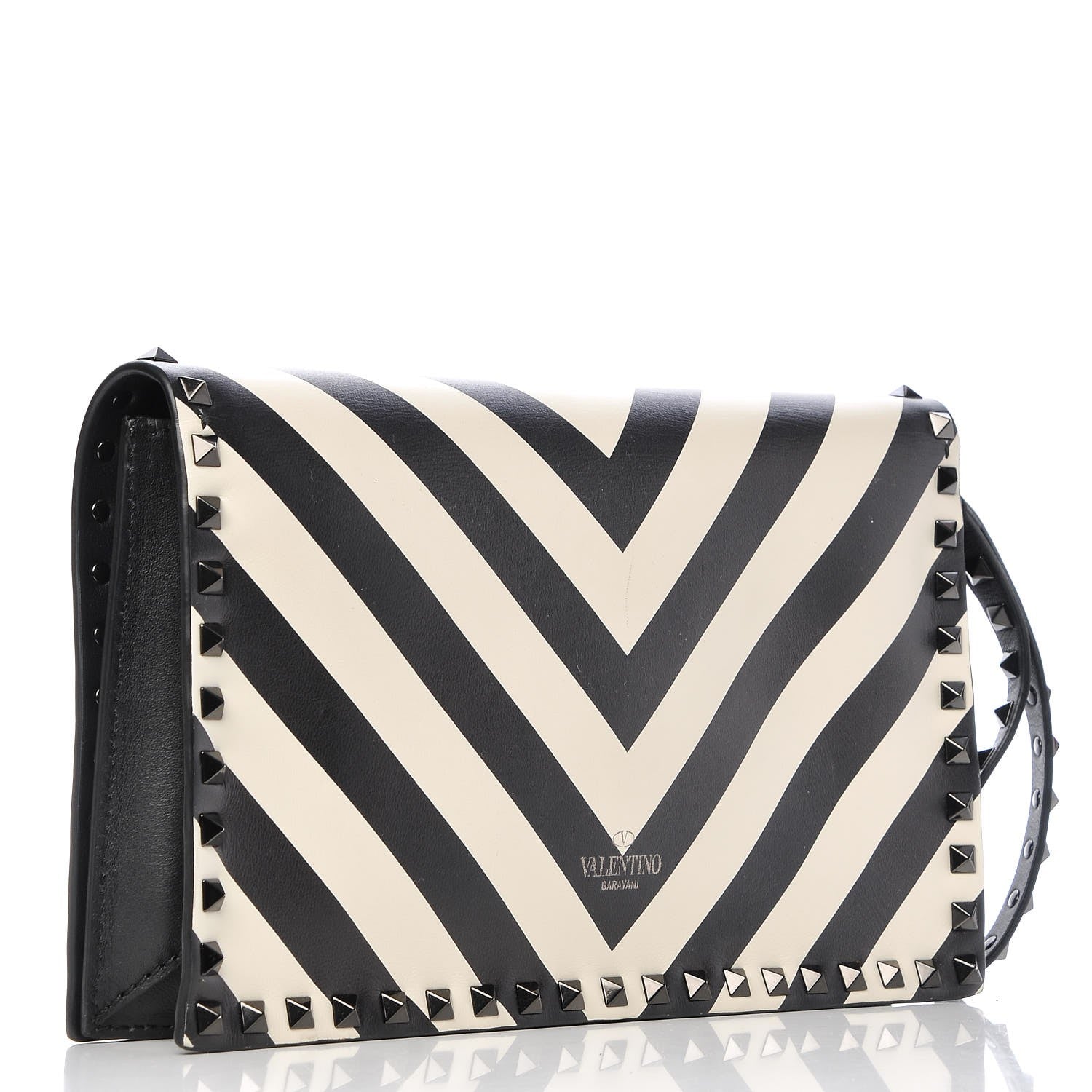Valentino Garavani Nappa Chevron Striped Rockstud Wristlet Clutch Light Ivory Black 3 of 11