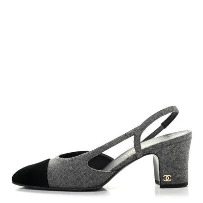 Chanel Wool Cap Toe CC Slingback Pumps 37.5 Black Dark Grey 1 of 8