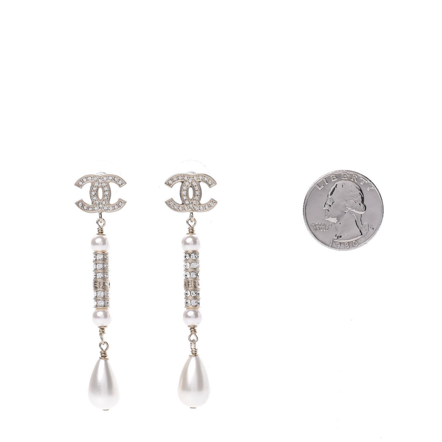 Chanel Pearl Crystal CC Drop Earrings Gold 2 of 5