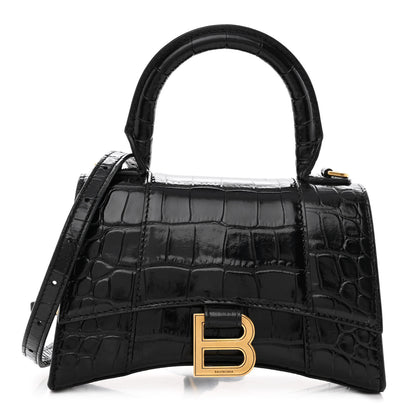 Balenciaga Shiny Calfskin Crocodile Embossed Hourglass Top Handle Bag XS Black 1 of 10