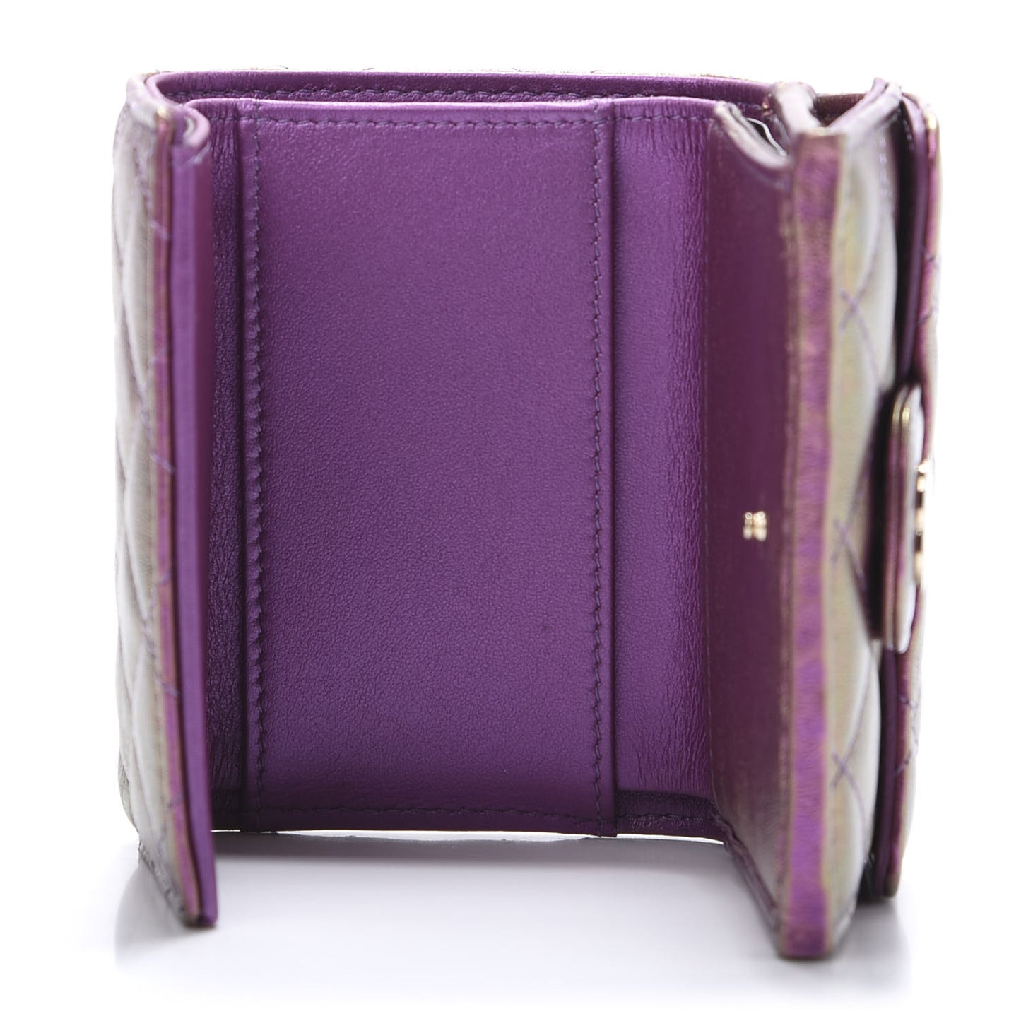 Iridescent Lambskin Small Quilted Flap Wallet Purple