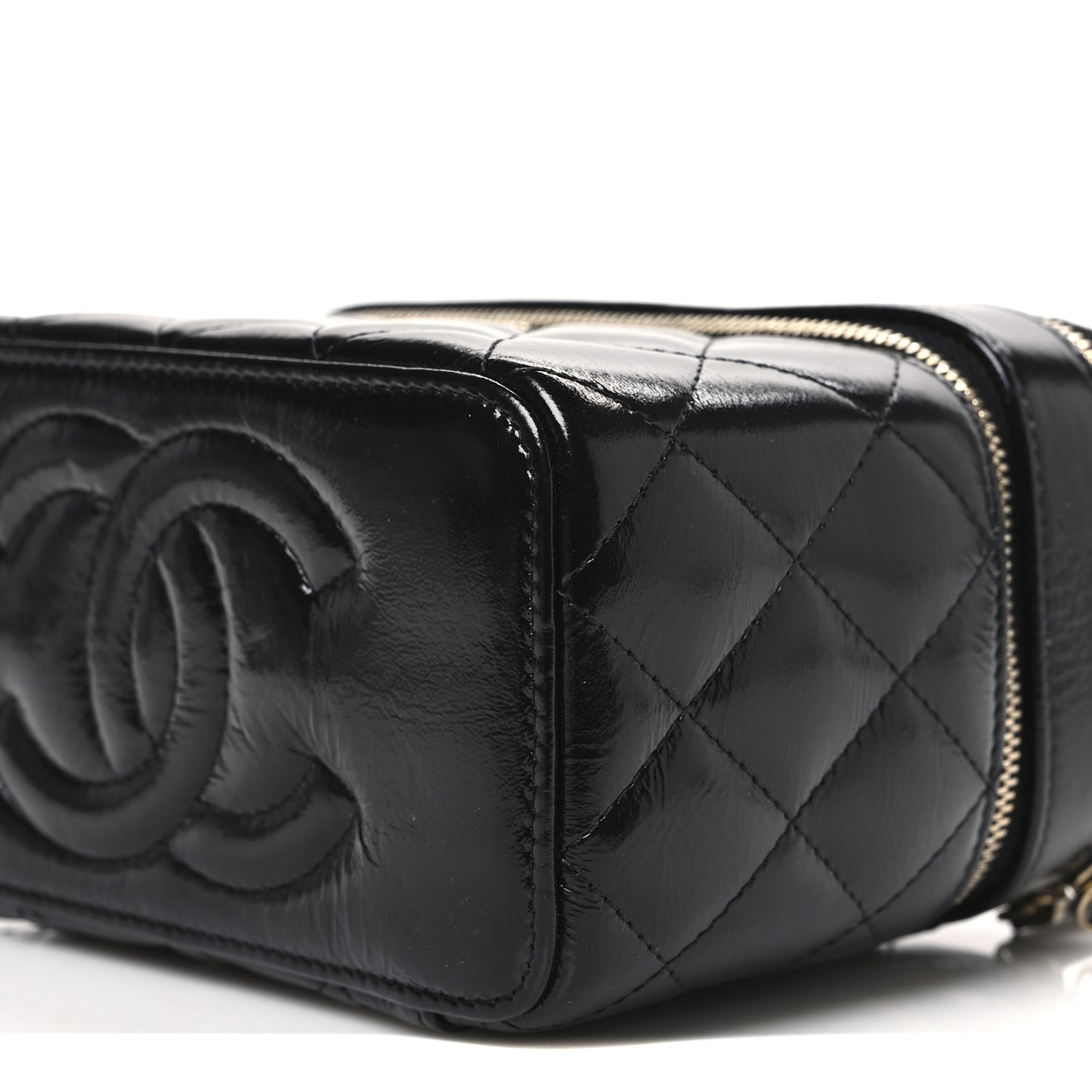 Shiny Lambskin Quilted Top Handle Vanity Case With Chain Black