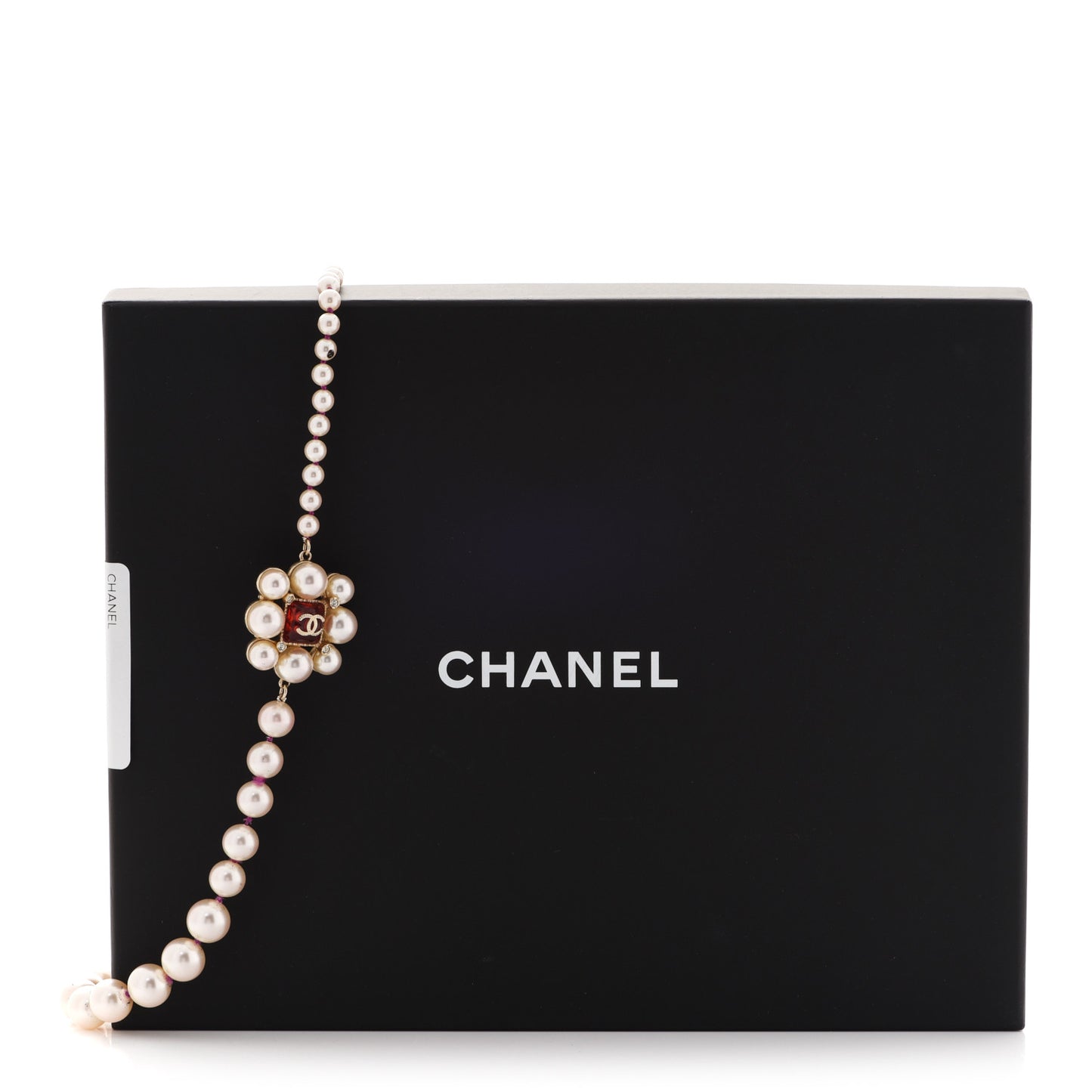 Pearl Crystal Gripoix CC Long Necklace Gold Pearly White Red
